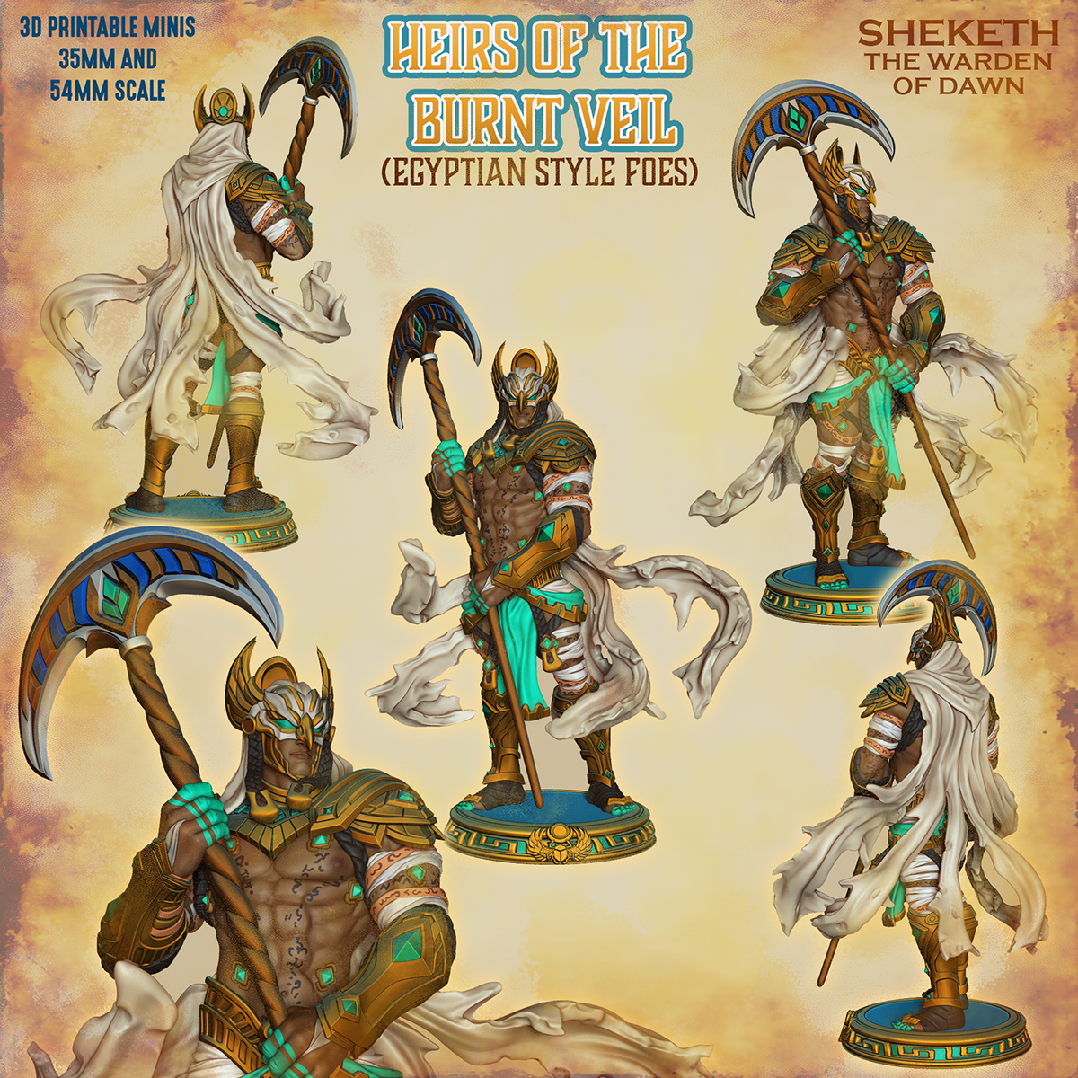 Sheketh the Warden of Dawn, hooded armored Egyptian warrior with a khopesh-axe, painted resin display miniature by Ronin Arts Workshop.