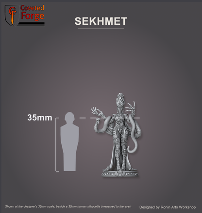Sekhmet, The Fang of Judgement shown at the designer's 35mm scale, beside a 35mm human silhouette (measured to the eye), feet aligned to the top of the model's base, on a charcoal studio backdrop. Ronin Arts Workshop.