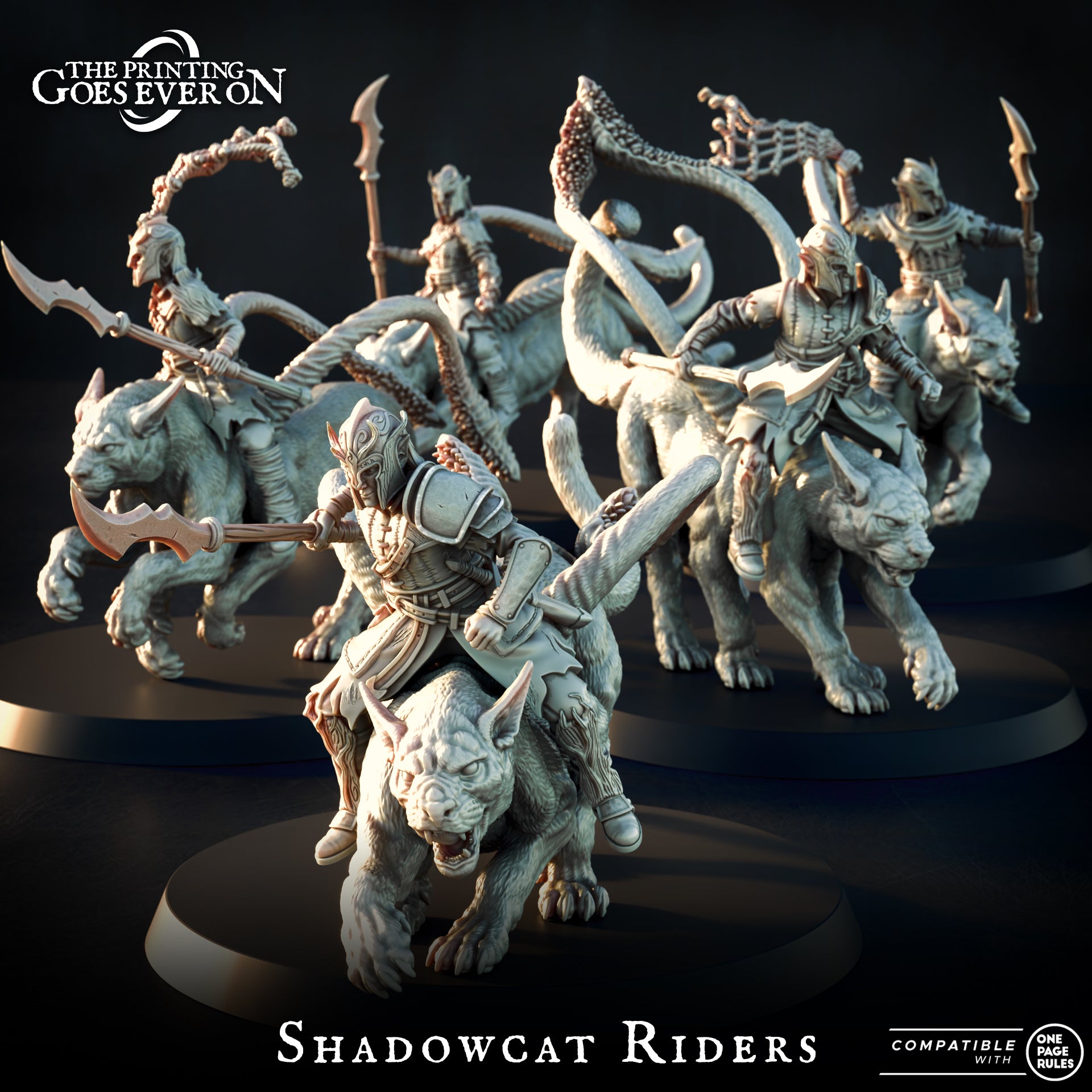 Shadowcat Riders, fey elf illusion cavalry on six-legged shadowcats, 28-32mm resin miniatures by The Printing Goes Ever On