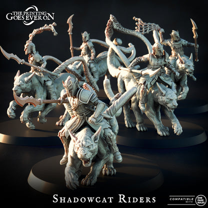 Shadowcat Riders, fey elf illusion cavalry on six-legged shadowcats, 28-32mm resin miniatures by The Printing Goes Ever On