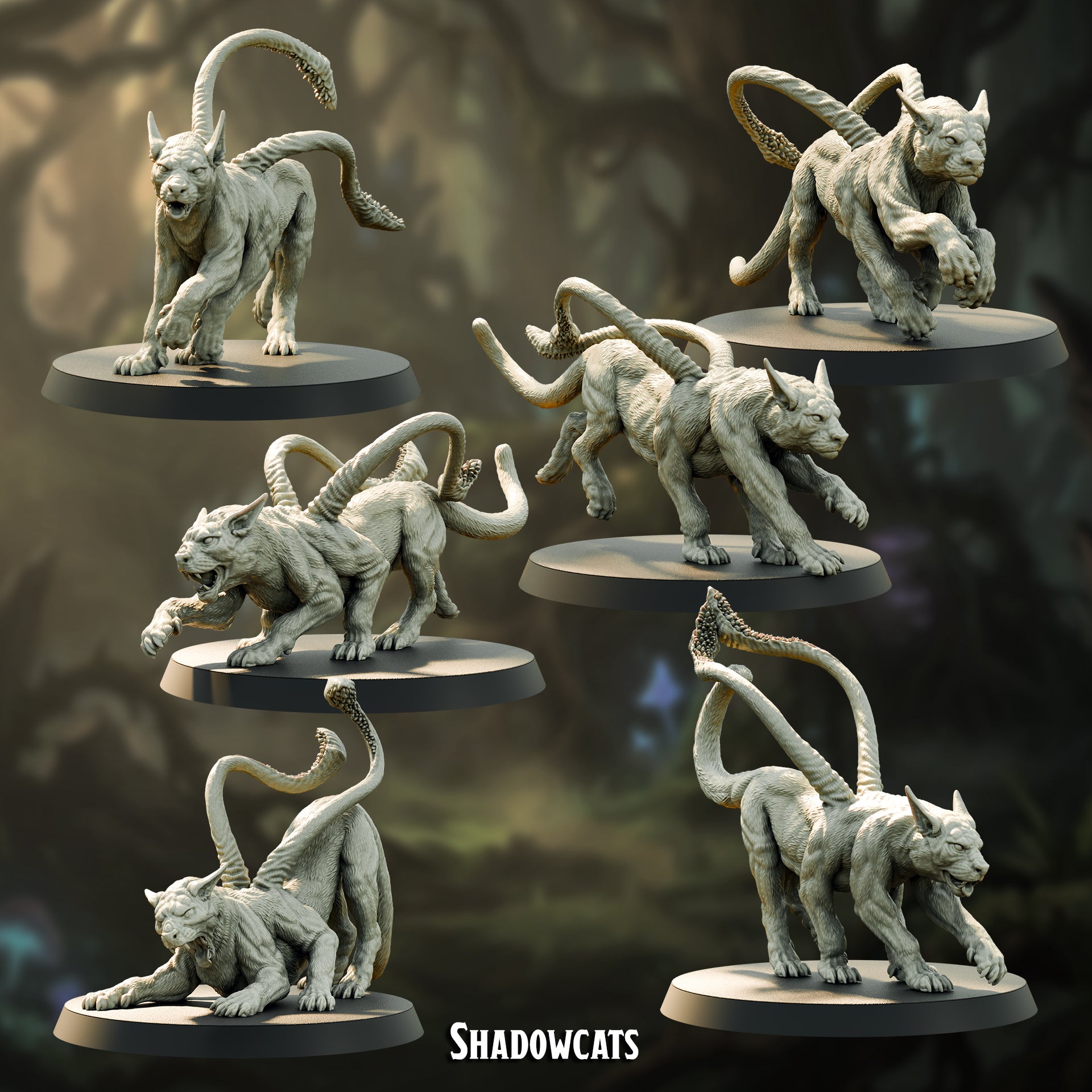 The six shadowcat mounts, six-legged cats with prehensile club tails, Model A to F