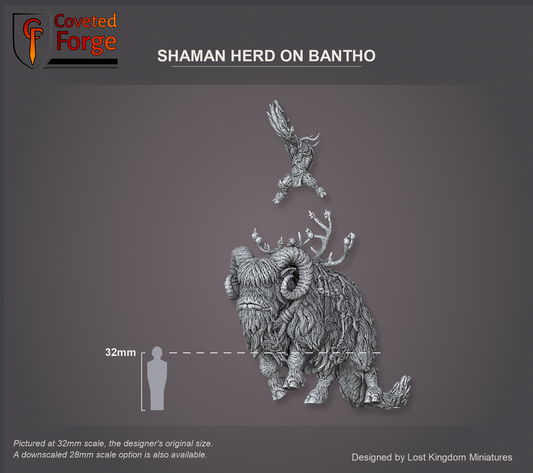Coveted Forge scale reference: the Shaman Herd rider floated above the Bantho mount, front three-quarter view, beside a 32mm human silhouette. Pictured at 32mm, the designer's original size, with a 28mm downscale also available.