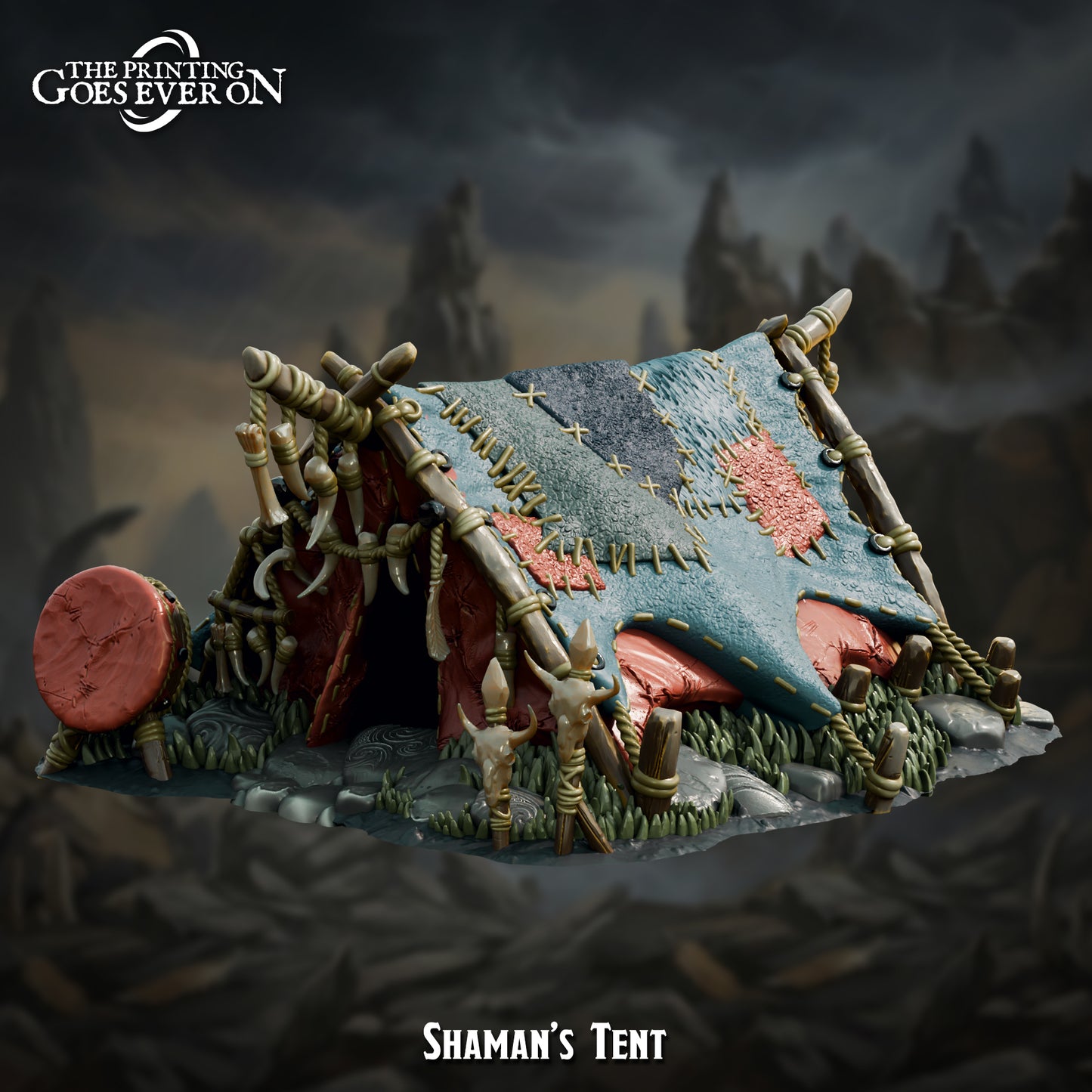 Shaman's Tent, tribal orc hide tent terrain with bone totems and war drum, 28-32mm 3D printed scenery