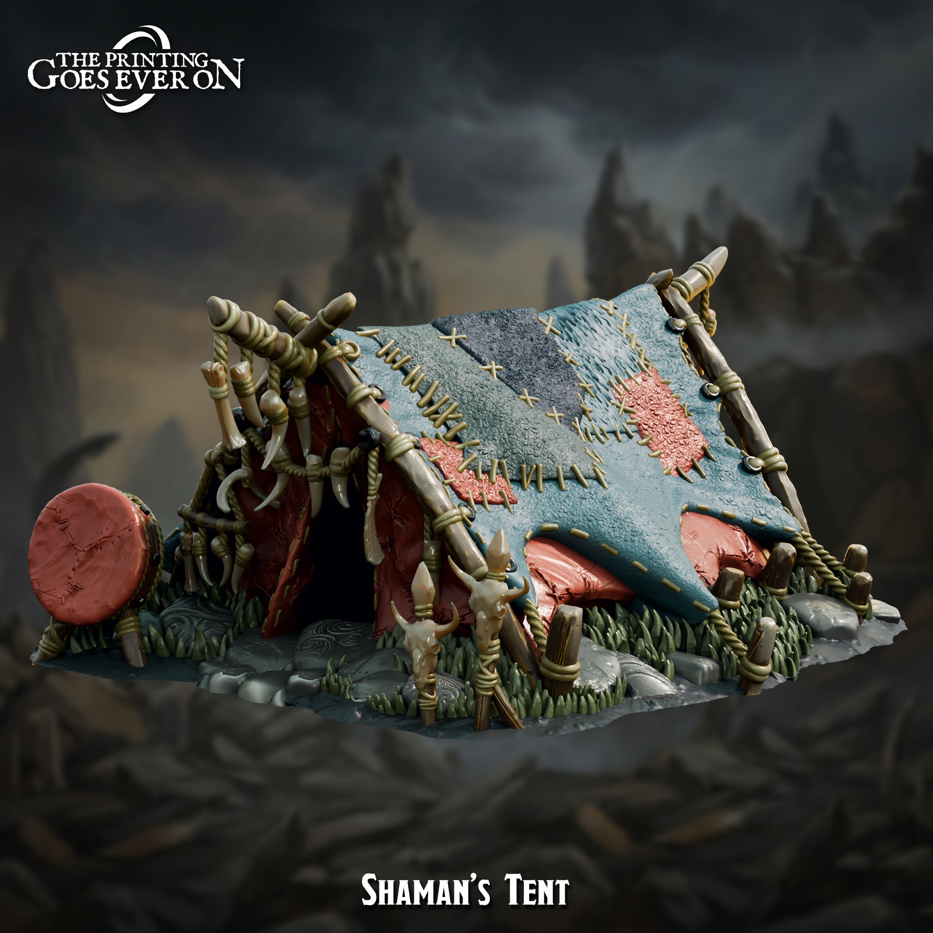Shaman's Tent, tribal orc hide tent terrain with bone totems and war drum, 28-32mm 3D printed scenery