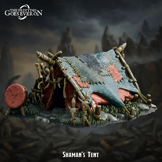 Render of Shaman's Tent | 28-32mm Fantasy 3D Printed Terrain: Tribal shaman's tent terrain suits orc and goblin forces in 28-32mm fantasy wargames. Hide tent with bone totems and a war drum. PLA, printed to order.