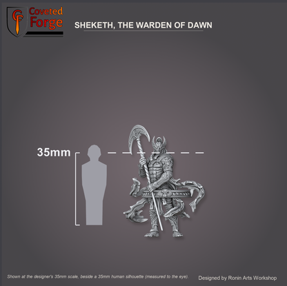 Sheketh, The Warden of Dawn shown at the designer's 35mm scale, beside a 35mm human silhouette (measured to the eye), feet aligned to the top of the model's base, on a charcoal studio backdrop. Ronin Arts Workshop.