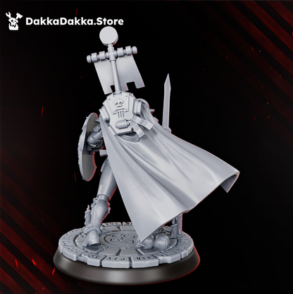Legio Artemis Shield Maiden rear view showing the cape, laurel-emblem shield and skull-topped standard