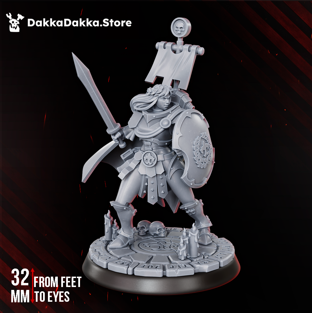 Legio Artemis Shield Maiden, female battle sister raising a sword with a laurel-emblem shield and skull standard, 32mm resin miniature by Dakka Dakka Store