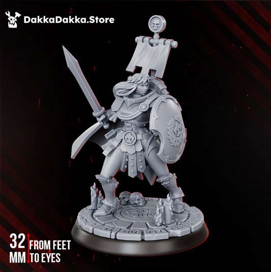 Legio Artemis Shield Maiden, female battle sister raising a sword with a laurel-emblem shield and skull standard, 32mm resin miniature by Dakka Dakka Store