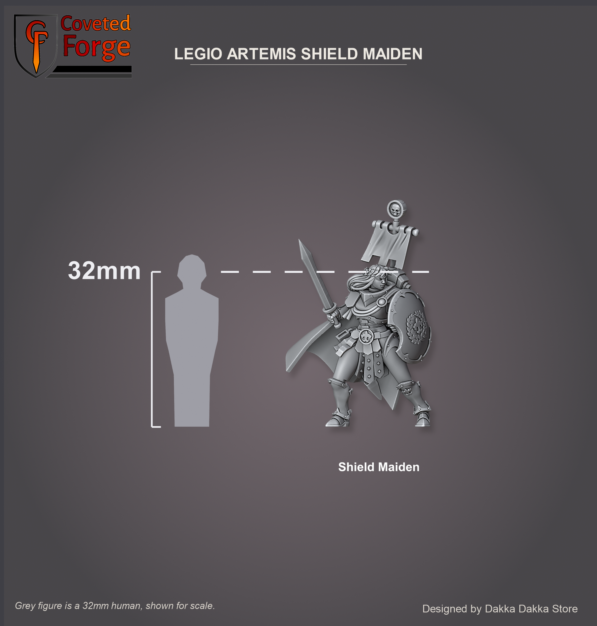 Legio Artemis Shield Maiden shown at scale beside a 32mm human silhouette for size comparison