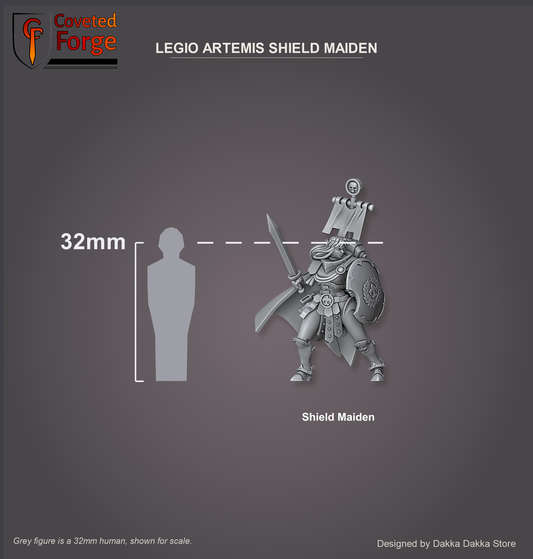 Legio Artemis Shield Maiden shown at scale beside a 32mm human silhouette for size comparison