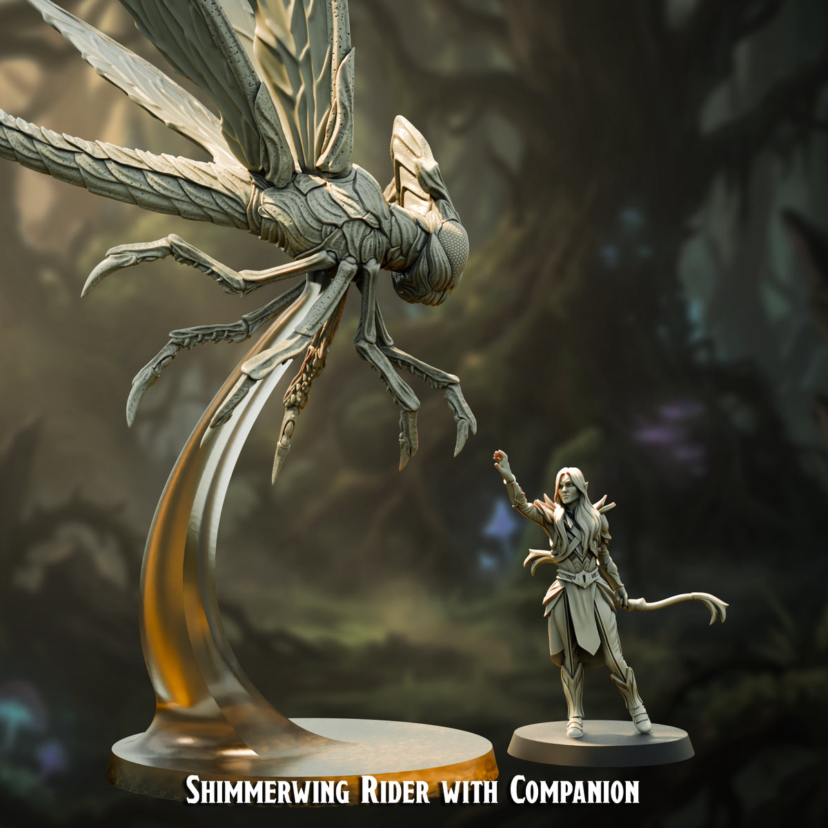 Shimmerwing Rider Character with his shimmerwing companion on a flight stand, resin miniatures by The Printing Goes Ever On