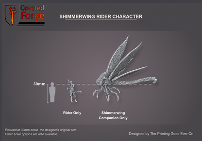 Coveted Forge scale reference: the Shimmerwing Rider Character standing on the ground beside his shimmerwing companion, each in its own labelled column (Rider Only, Shimmerwing Companion Only) next to a 30mm human silhouette, side three-quarter view; the hero is a foot character with a companion, not a rider, so the two are shown side by side; a 28mm downscale is also available; the curved flight stand is printed separately and not shown