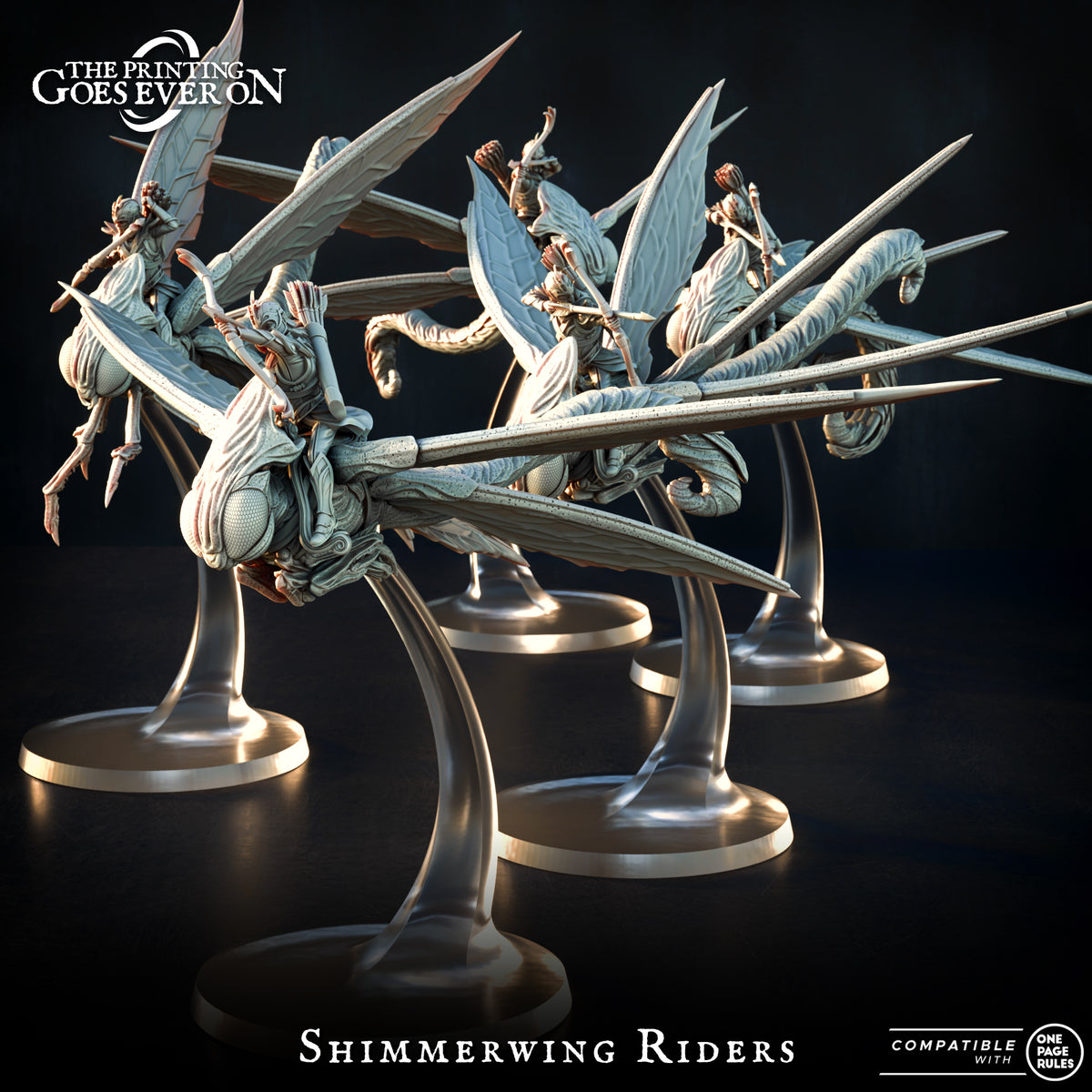 Shimmerwing Riders, five fey elf archers on giant dragonflies with curved flight stands, resin miniatures by The Printing Goes Ever On