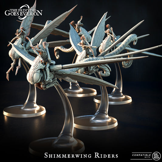 Shimmerwing Riders, five fey elf archers on giant dragonflies with curved flight stands, resin miniatures by The Printing Goes Ever On