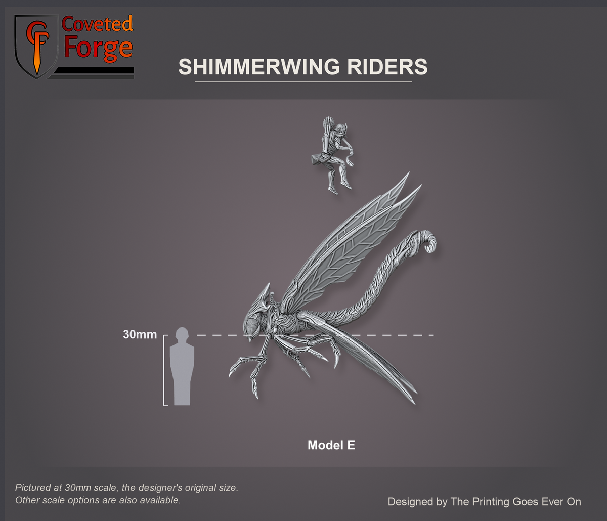 Coveted Forge scale reference: Shimmerwing Rider Model E floated above its shimmerwing, side profile, beside a 30mm human silhouette; every model in the set is the same scale. Pictured at 30mm, the designer's original size, with a 28mm downscale also available.