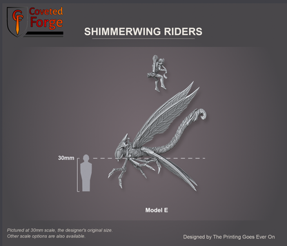 Coveted Forge scale reference: Shimmerwing Rider Model E floated above its shimmerwing, side profile, beside a 30mm human silhouette; every model in the set is the same scale. Pictured at 30mm, the designer's original size, with a 28mm downscale also available.
