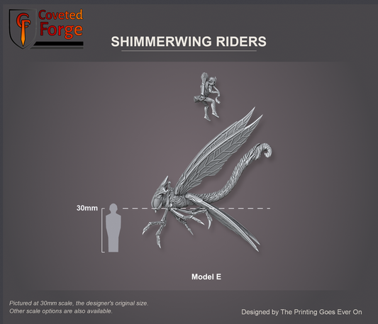 Coveted Forge scale reference: Shimmerwing Rider Model E floated above its shimmerwing, side profile, beside a 30mm human silhouette; every model in the set is the same scale. Pictured at 30mm, the designer's original size, with a 28mm downscale also available.