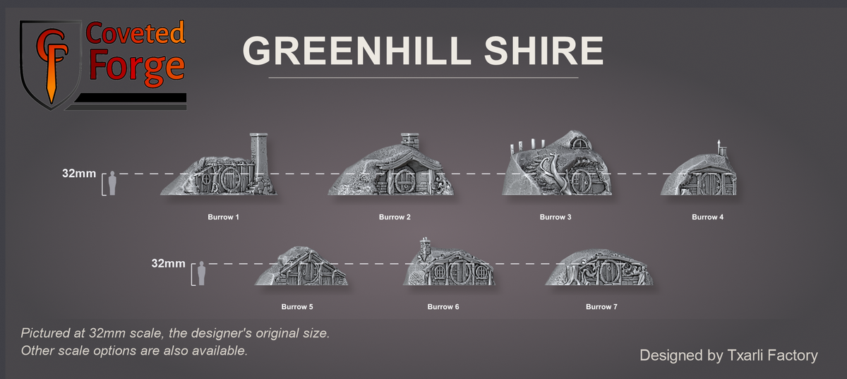Coveted Forge scale reference: all seven Greenhill Shire burrows at 32mm scale beside a 32mm human silhouette, labelled Burrow 1 to Burrow 7; also offered at 28mm, 15mm and 8mm scale.