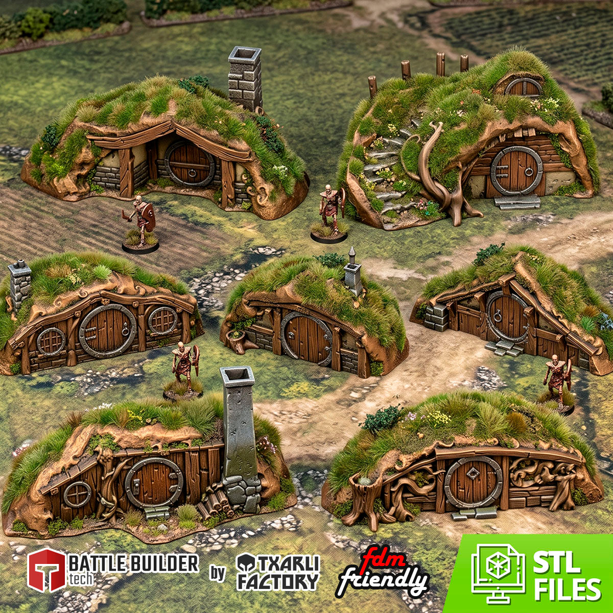 Greenhill Shire, seven hobbit-hole hillside burrows, 3D printed fantasy village terrain by Txarli Factory.