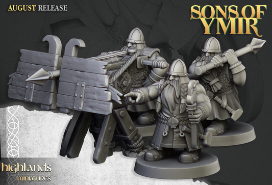 Render of Dwarf Ballista Bolt Thrower | 32mm Resin | Highlands: A dwarf ballista throws iron bolts from a timber frame, with or without crew. 3D printed resin war machine for Kings of War and Old World.