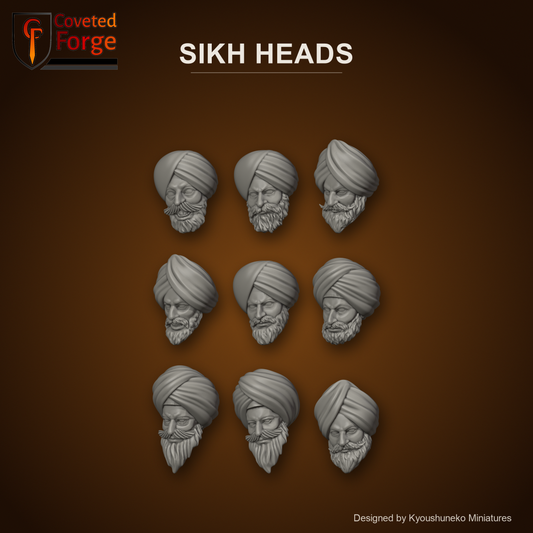 Sikh Heads by Kyoushuneko Miniatures: 9 of its 10 different heads in warm clay on a dark saffron backdrop, unpainted 3D-printed resin heads with neck pegs for 28mm, 32mm and 35mm conversions.