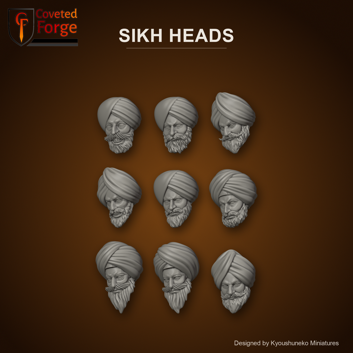 Sikh Heads by Kyoushuneko Miniatures: 9 of its 10 different heads in warm clay on a dark saffron backdrop, unpainted 3D-printed resin heads with neck pegs for 28mm, 32mm and 35mm conversions.
