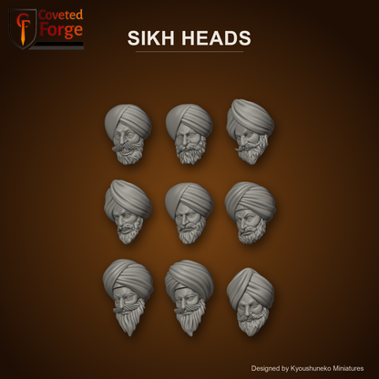 Sikh Heads by Kyoushuneko Miniatures: 9 of its 10 different heads in warm clay on a dark saffron backdrop, unpainted 3D-printed resin heads with neck pegs for 28mm, 32mm and 35mm conversions.
