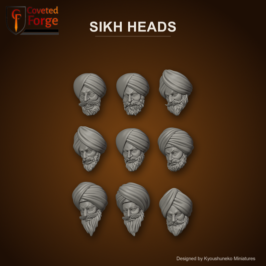 Sikh Heads by Kyoushuneko Miniatures: 9 of its 10 different heads in warm clay on a dark saffron backdrop, unpainted 3D-printed resin heads with neck pegs for 28mm, 32mm and 35mm conversions.