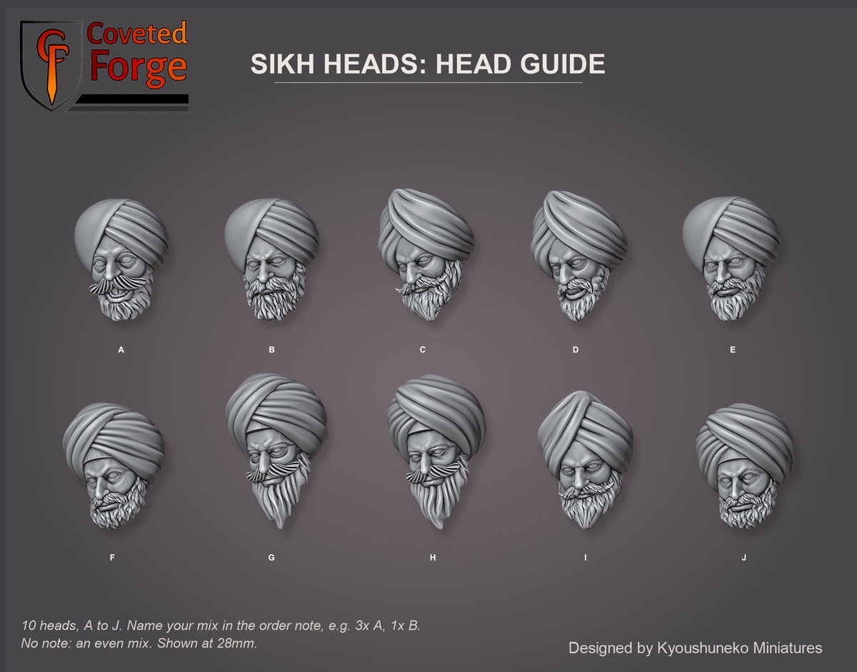 Coveted Forge bits sheet: Heads (1 of 1), Sikh Heads head guide, 10 different heads lettered A to J to name in the order note, shown at 28mm, resin heads by Kyoushuneko Miniatures.