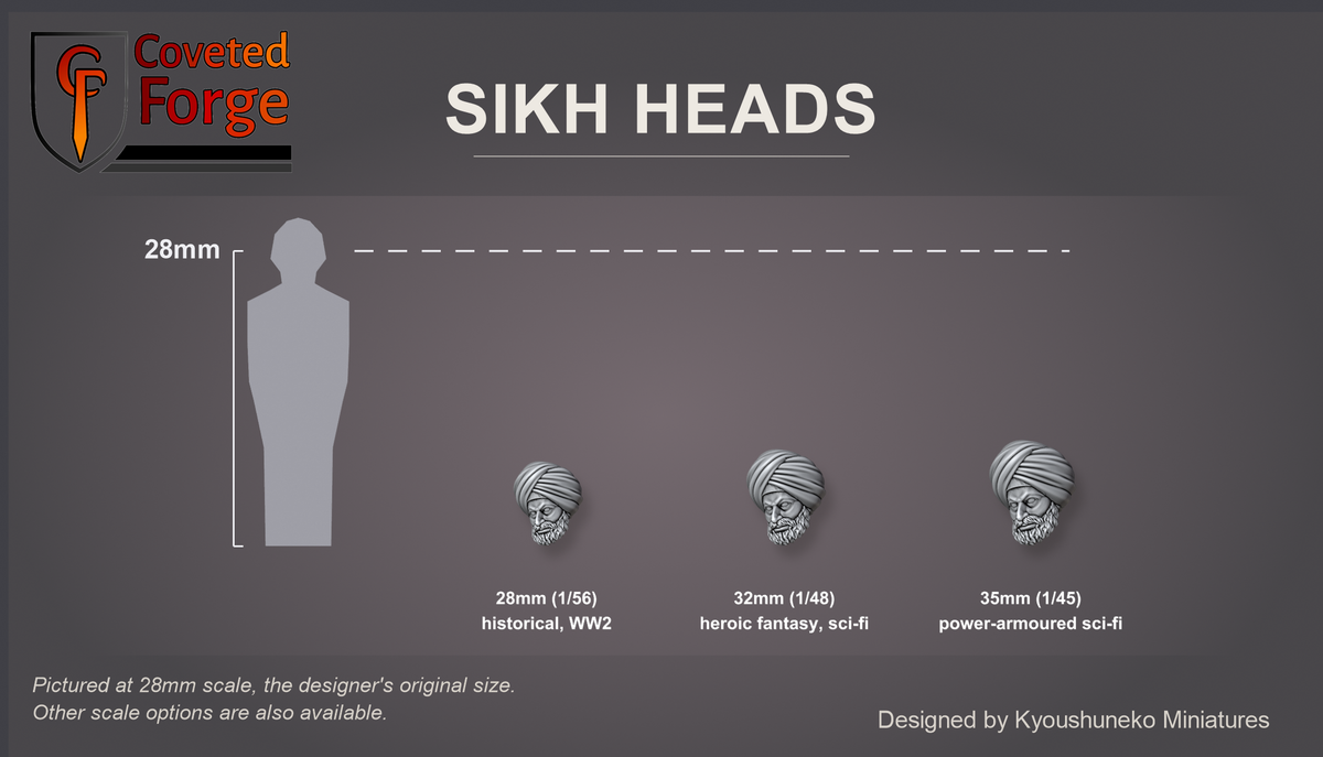 Coveted Forge scale reference: one turbaned Sikh head at 28mm, 32mm and 35mm scale beside a 28mm human silhouette, front three-quarter view, each scale labelled with the ranges it suits; 28mm is the designer's original size, 32mm and 35mm options are also available; every head is the same scale.