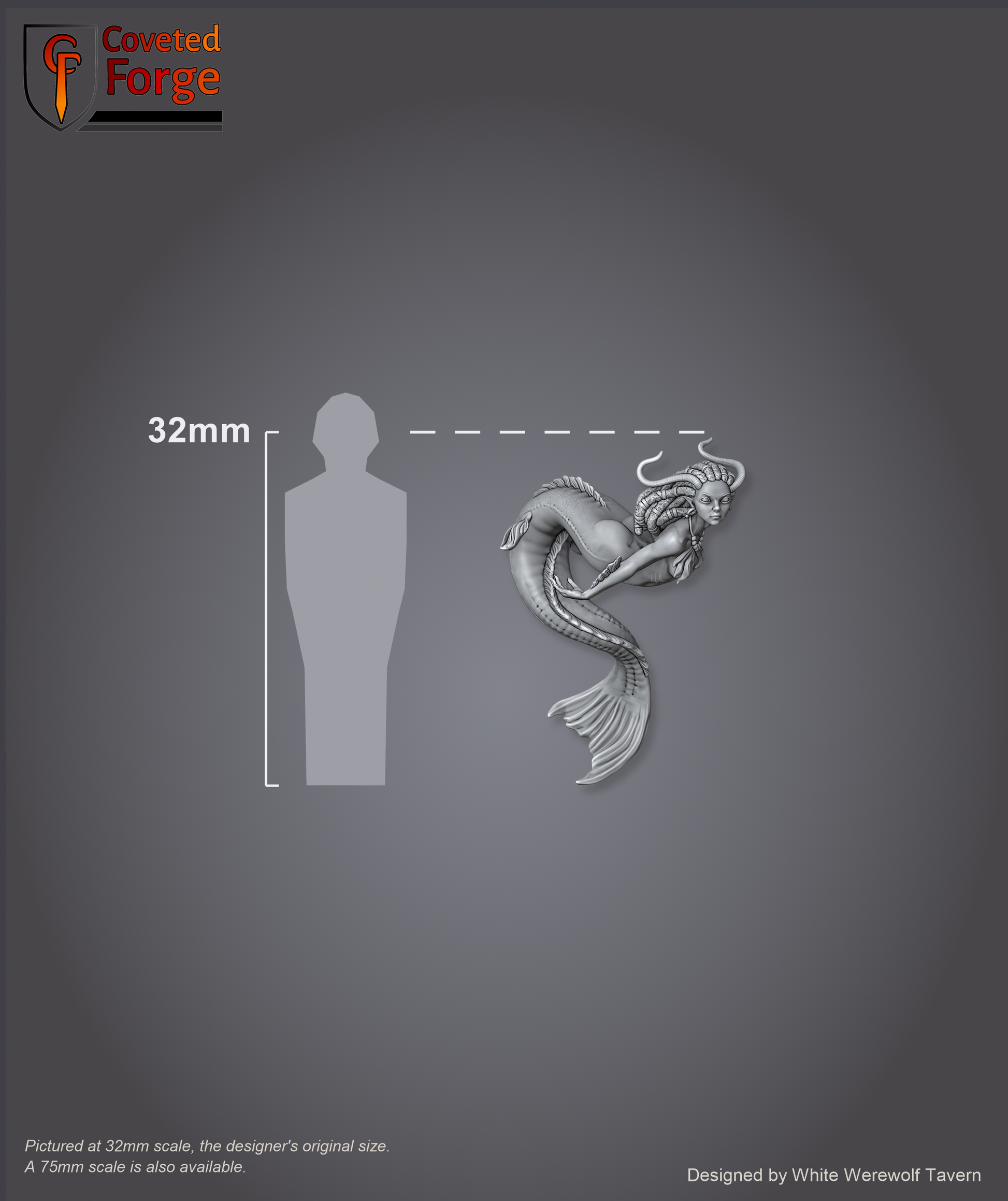 Scale reference: The Brackwater Siren at 32mm scale beside a 32mm human silhouette