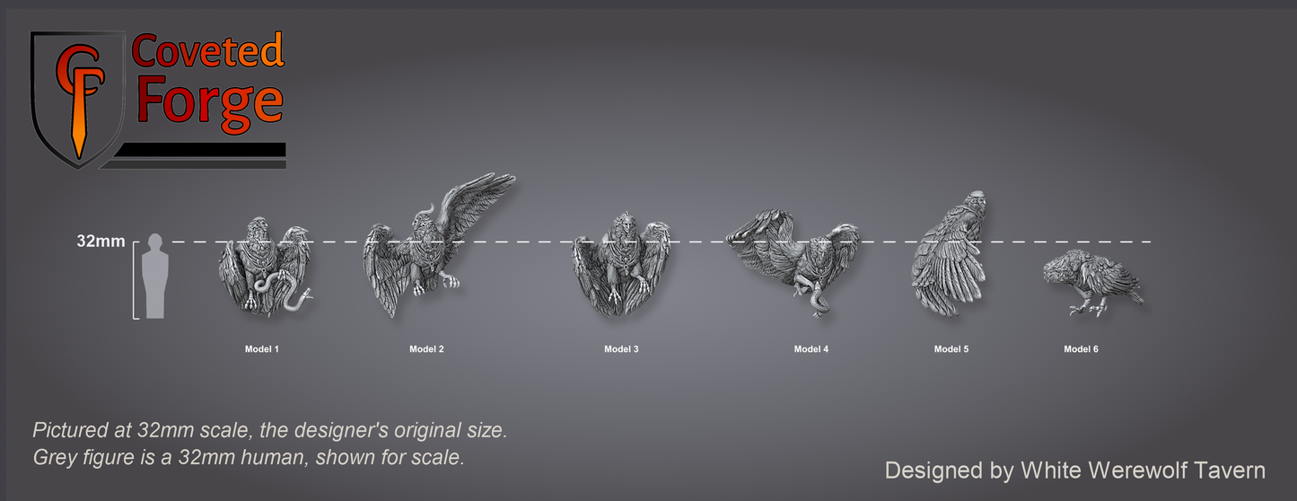 Scale reference: all six Sirin models at 32mm scale beside a 32mm human silhouette