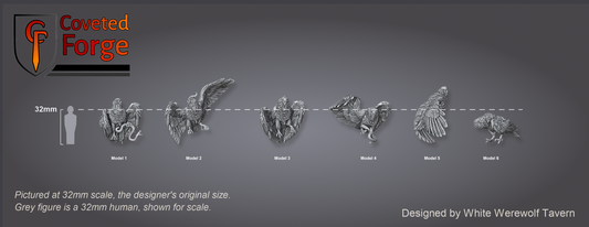 Scale reference: all six Sirin models at 32mm scale beside a 32mm human silhouette