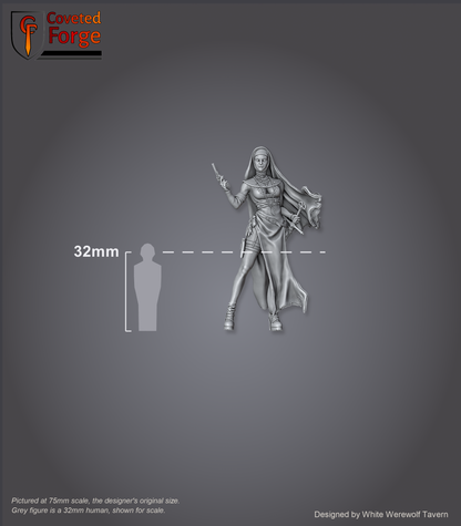 Scale reference: Sister of the Hunt Display Model at 75mm scale beside a 32mm human silhouette