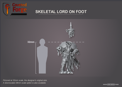 Coveted Forge scale reference: Skeletal Lord Battle Standard Bearer on Foot, the lord beside a 32mm human silhouette, front three-quarter view, with the helmeted head floated above the body to show it is a separate piece; the banner is printed separately and not shown; pictured at 32mm, the original scale, a downscaled 28mm option is also available