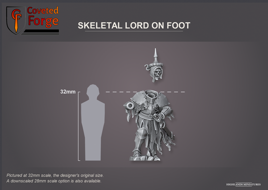 Coveted Forge scale reference: Skeletal Lord Battle Standard Bearer on Foot, the lord beside a 32mm human silhouette, front three-quarter view, with the helmeted head floated above the body to show it is a separate piece; the banner is printed separately and not shown; pictured at 32mm, the original scale, a downscaled 28mm option is also available