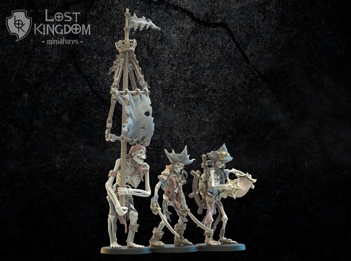 Skeleton Buccaneers command: standard bearer with a tattered sail banner, captain with twin cutlasses and musician with a squeezebox and ship's wheel, the three command models counted inside the 10 and 20 Models w/ Command packs, Lost Kingdom Miniatures render