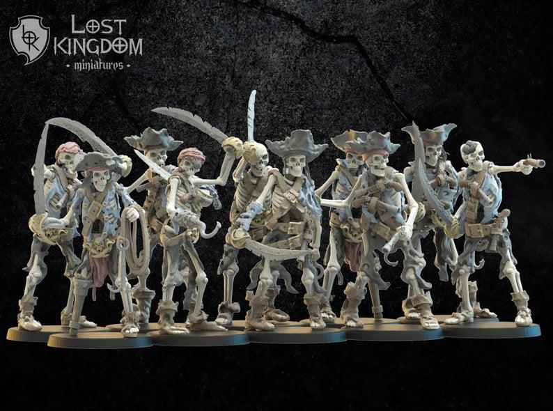 Skeleton Buccaneers, ten skeleton pirates with cutlasses, flintlocks and hooks, front view, resin miniatures by Lost Kingdom Miniatures