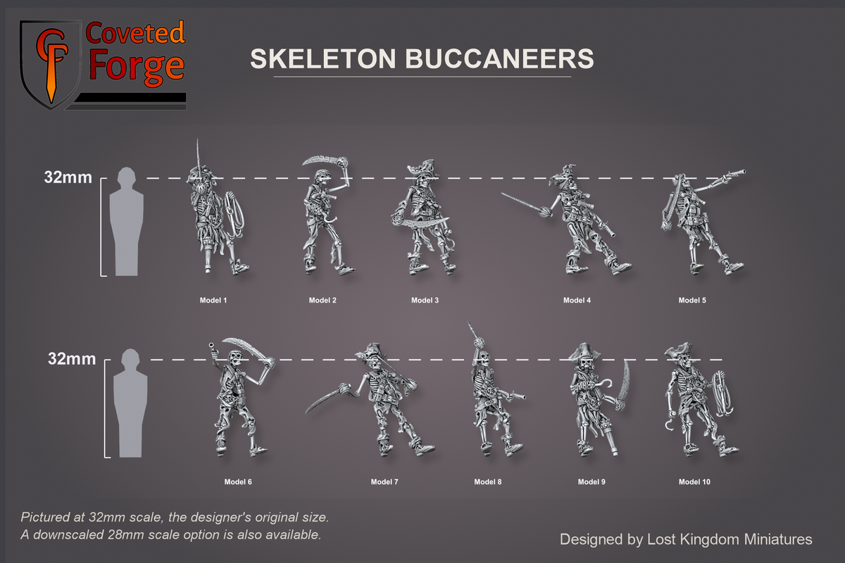 Coveted Forge scale reference: the ten Skeleton Buccaneers labelled Model 1, Model 2, Model 3, Model 4, Model 5, Model 6, Model 7, Model 8, Model 9 and Model 10, three-quarter view, in two rows beside a 32mm human silhouette. Pictured at 32mm, the designer's original size, with a 28mm downscale also available.