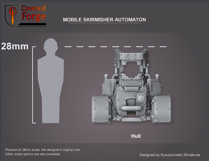 Coveted Forge scale reference: the Mobile Skirmisher Automaton hull at 28mm beside a 28mm human silhouette; the driver, head, gun shield, machine guns and mounts, track units and wheels print separately and are included, not pictured (see the designer's parts sheet); 15mm and 23mm downscales and 32mm to 54mm upscales also available.