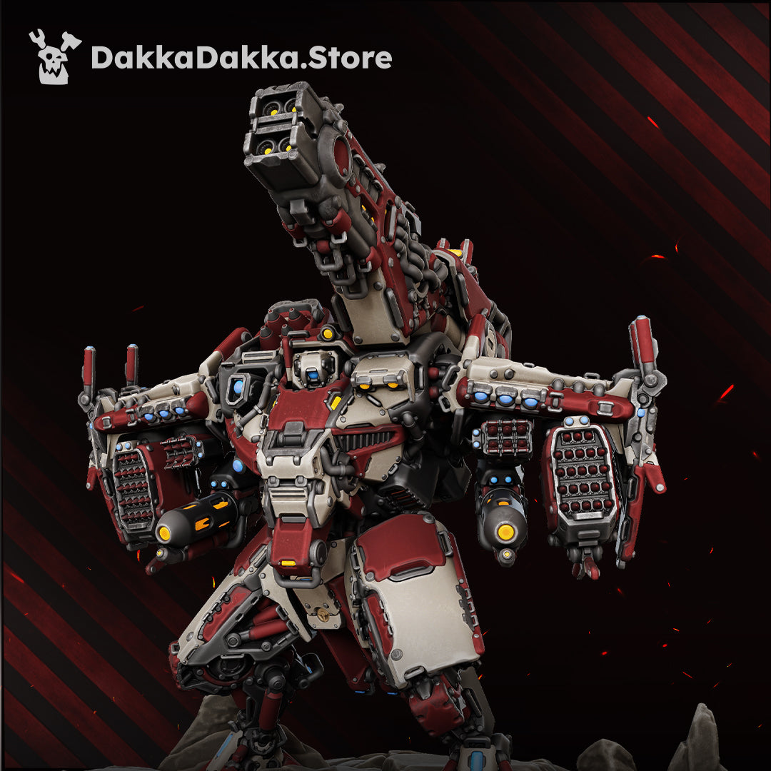 HT-77 Skyrend heavy battlesuit, front three-quarter view with the shoulder rail cannon raised and both rocket pods, sci-fi resin mech kit, Dakka Dakka Store render