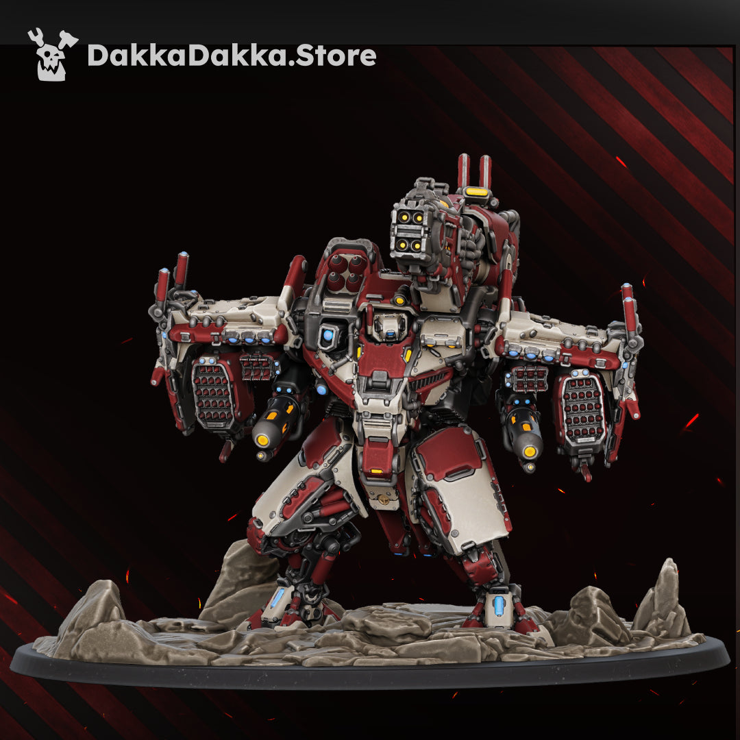 HT-77 Skyrend front view standing on its four-piece rocky scenic base, heavy cannon and rocket pods on the winged shoulder units, Dakka Dakka Store render