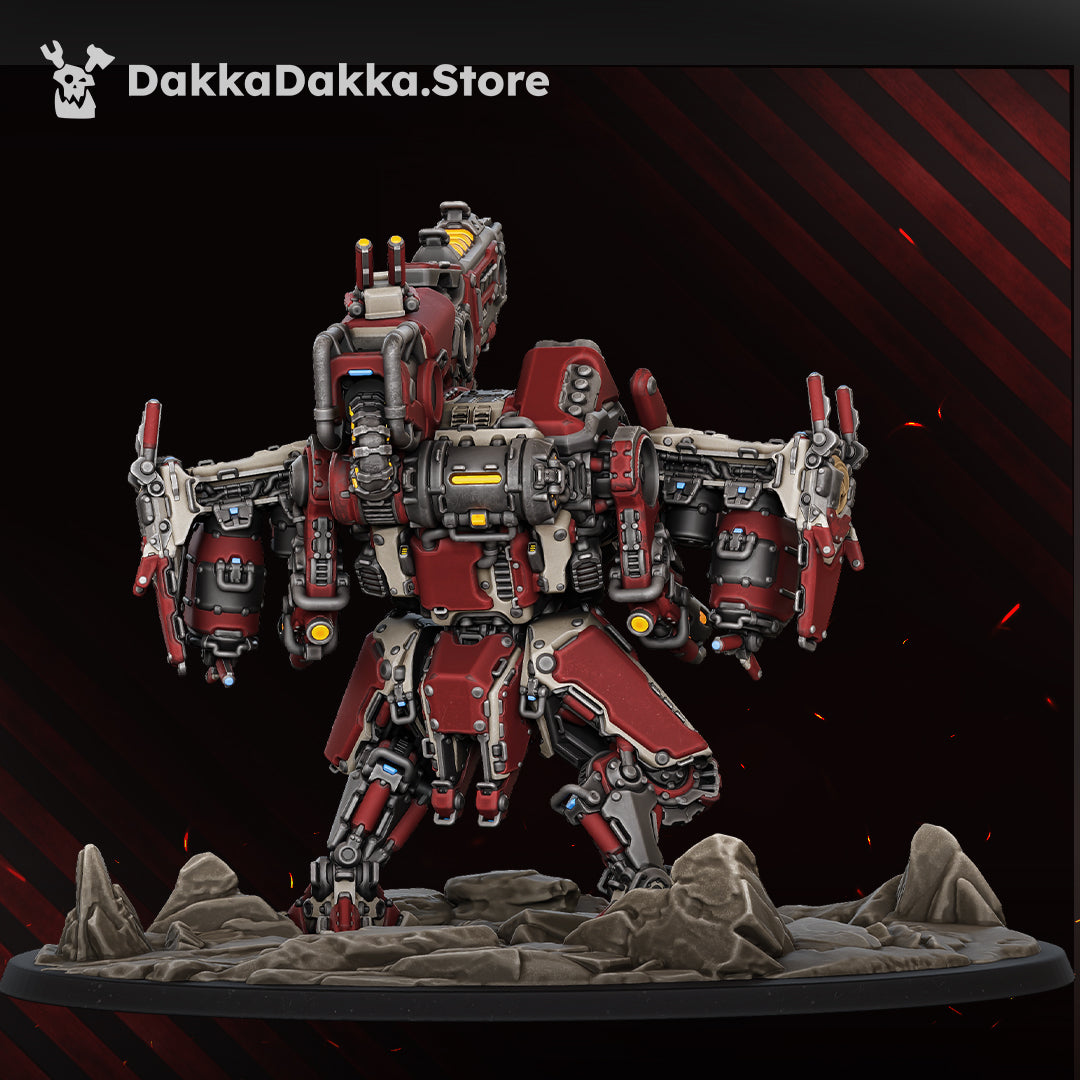 HT-77 Skyrend rear view showing the backpack power plant, shoulder cannon mount and thruster housings, Dakka Dakka Store render