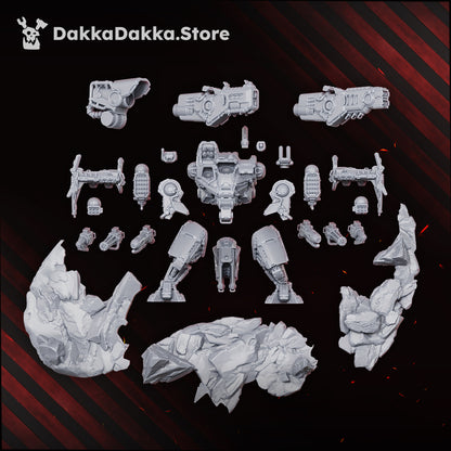 HT-77 Skyrend parts layout: torso, legs, two shoulder cannons, three heads, arm guns, rocket pods, radar, antenna and the scenic base pieces, Dakka Dakka Store render