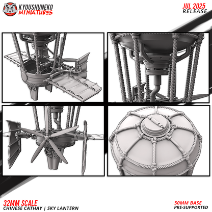 Sky Lantern detail views: gondola deck, balloon frame, and canopy