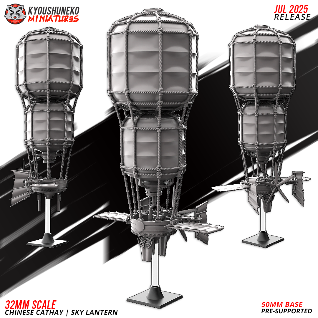 Sky Lantern, a Grand Cathay flying airship war vessel with balloon canopy and gondola, 32mm resin