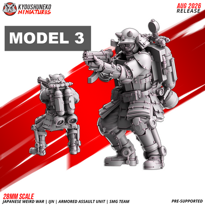 IJN Armored Assault SMG trooper, firing on the move, submachine gun thrust forward, 28mm resin