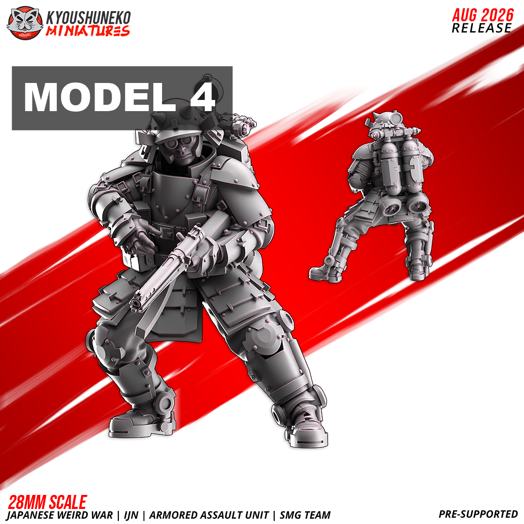 IJN Armored Assault SMG trooper, braced in a wide stance, submachine gun held two-handed, 28mm resin