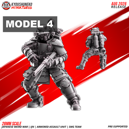 IJN Armored Assault SMG trooper, braced in a wide stance, submachine gun held two-handed, 28mm resin
